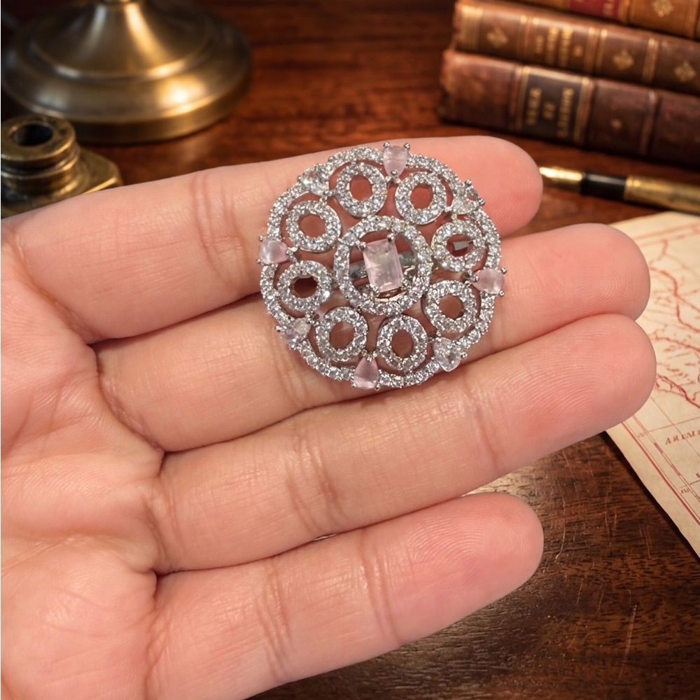 Elegant Pink Stone Filigree Brooch - Unbranded